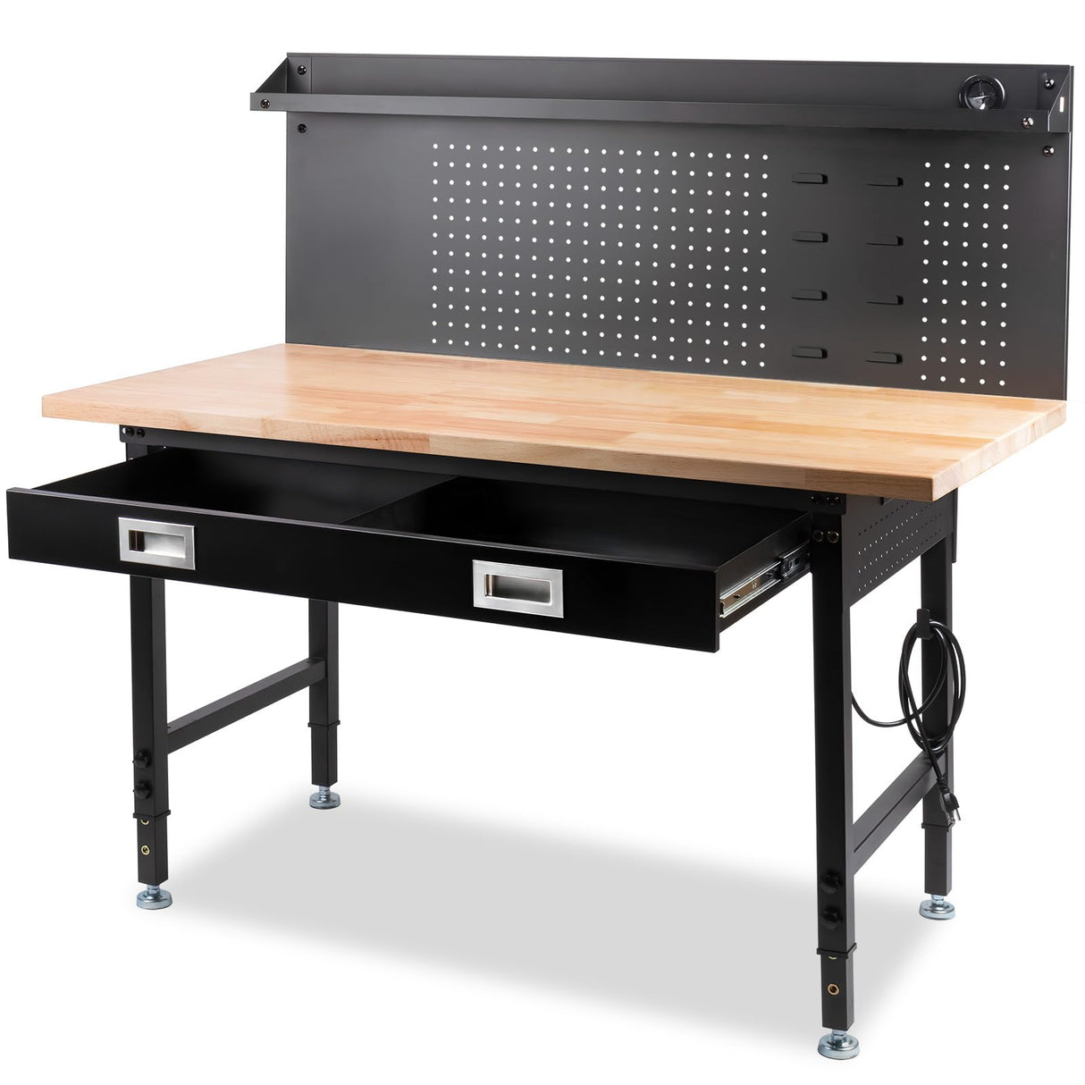 MUWOOD 60" Workbench with Drawers, Work Benches for Garage with Strip Light, Adjustable Work Table with Large Pegboard, 2000 LBS Heavy Duty Table with Power Outlet Rubber Wood for Garage, Office MUWOOD