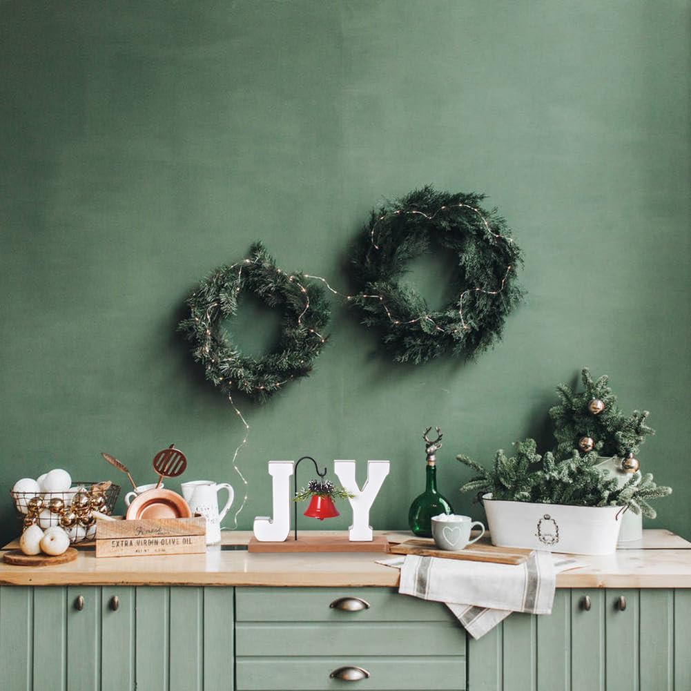 Christmas Wooden Joy Decoration, Wood Craft Sign with Bell, Table Ornament Rustic Tabletop Farmhouse Centerpiece Decorative Block Decor for Xmas Indoor Holiday Home Table Shelf Winter Party (Red Bell) GHOSTMAGIC