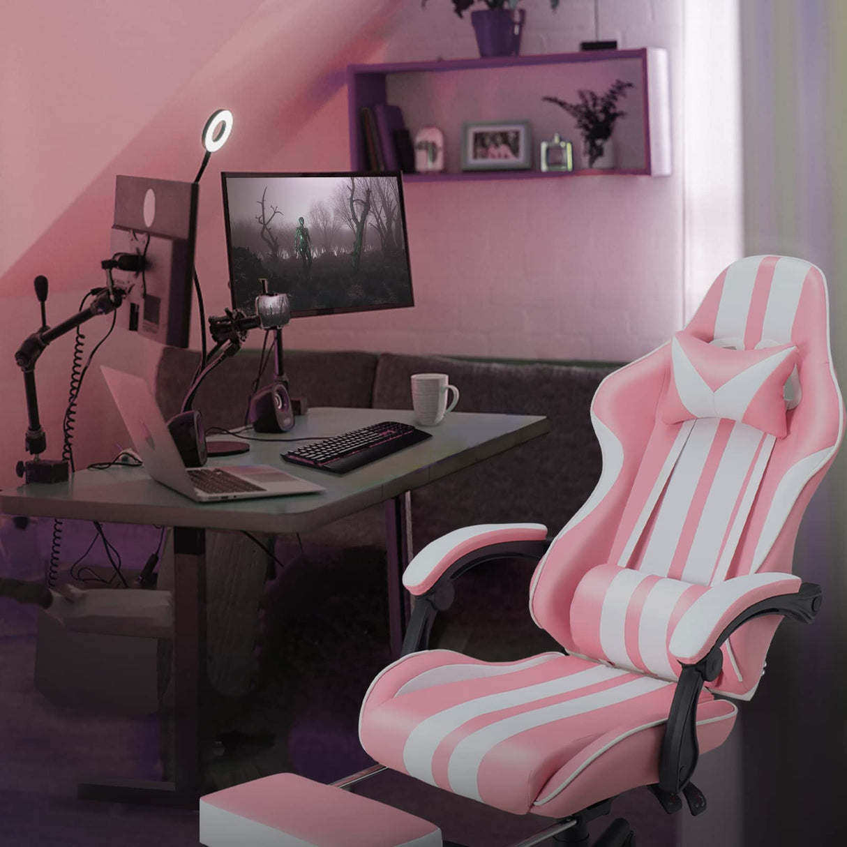 Ferghana Gaming Chairs with Footrest,Computer Game Chair,Massage Gaming Chairs,Christmas,Xmas Gift,PC Gaming Chairs for Adults Teens for Gaming Live Streaming Room(Pink,Racing Version) Ferghana