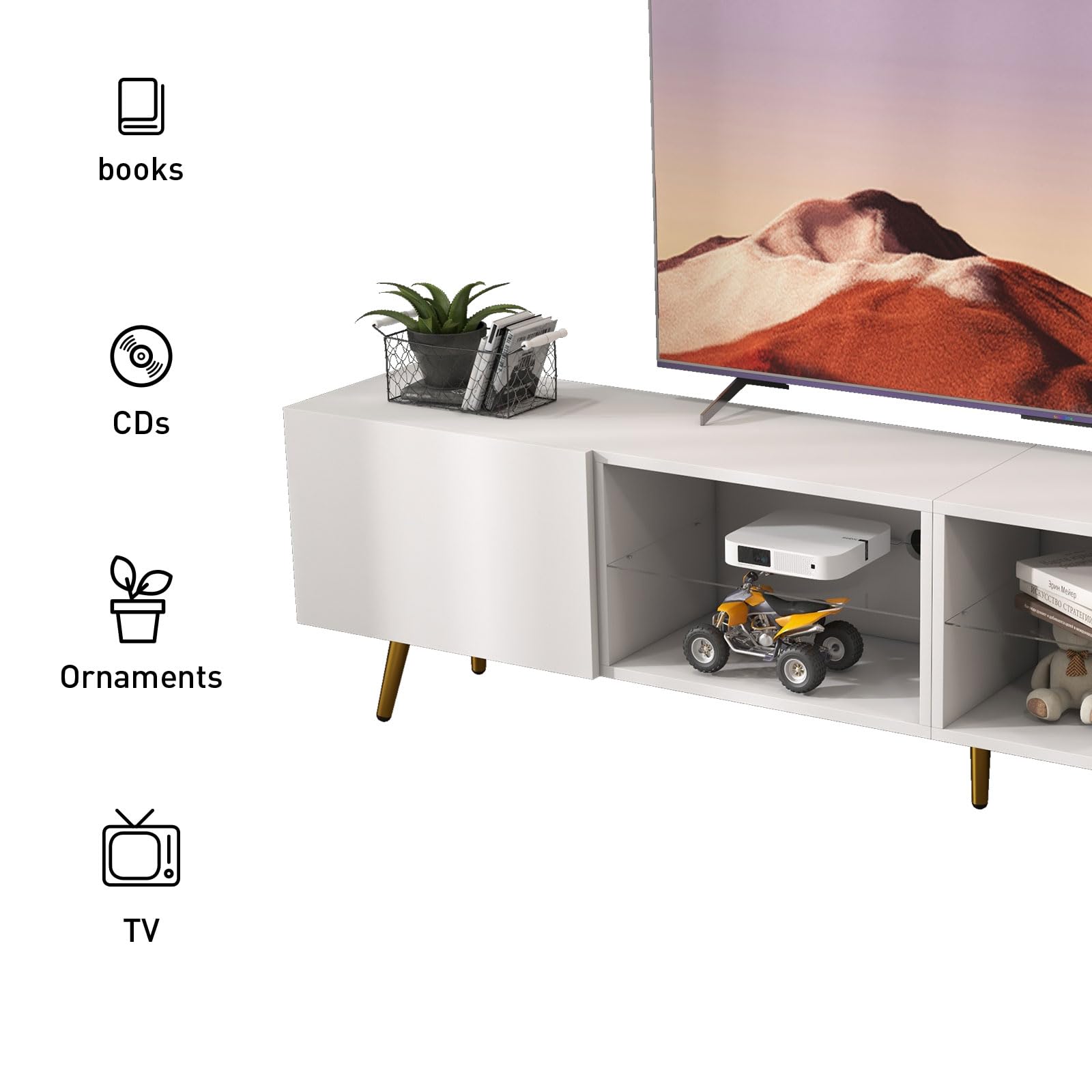 Bonzy Home 86" LED TV Stand, Modern Entertainment Center up to 90" TV, Television Console Table with Storage Cabinets for Living Room, White - WoodArtSupply