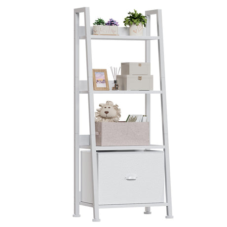 Furologee 4-Tier White Ladder Shelf, Ladder Bookshelf with Removable Drawer, Bookcase Storage Rack Organizer, Freestanding Storage Shelves for Living Room, Home Office, Bedroom Furologee
