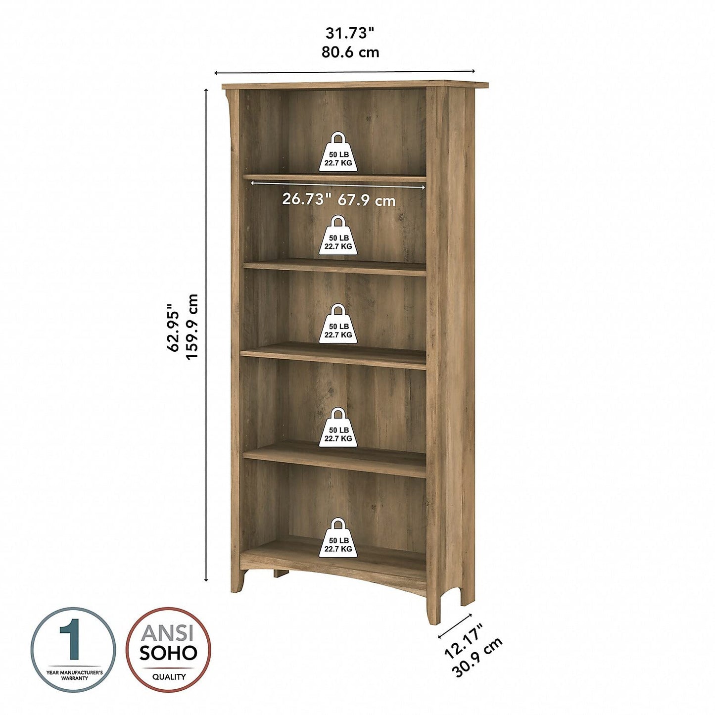 Bush Furniture Salinas 5-Shelf Tall Bookcase in Reclaimed Pine - WoodArtSupply