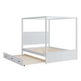 Merax Modern Queen Size Canopy Platform Bed with Trundle and 3 Storage Drawers,4-Post Solid Wood Bed Frame with Headboard,No Box Spring Needed,White Merax
