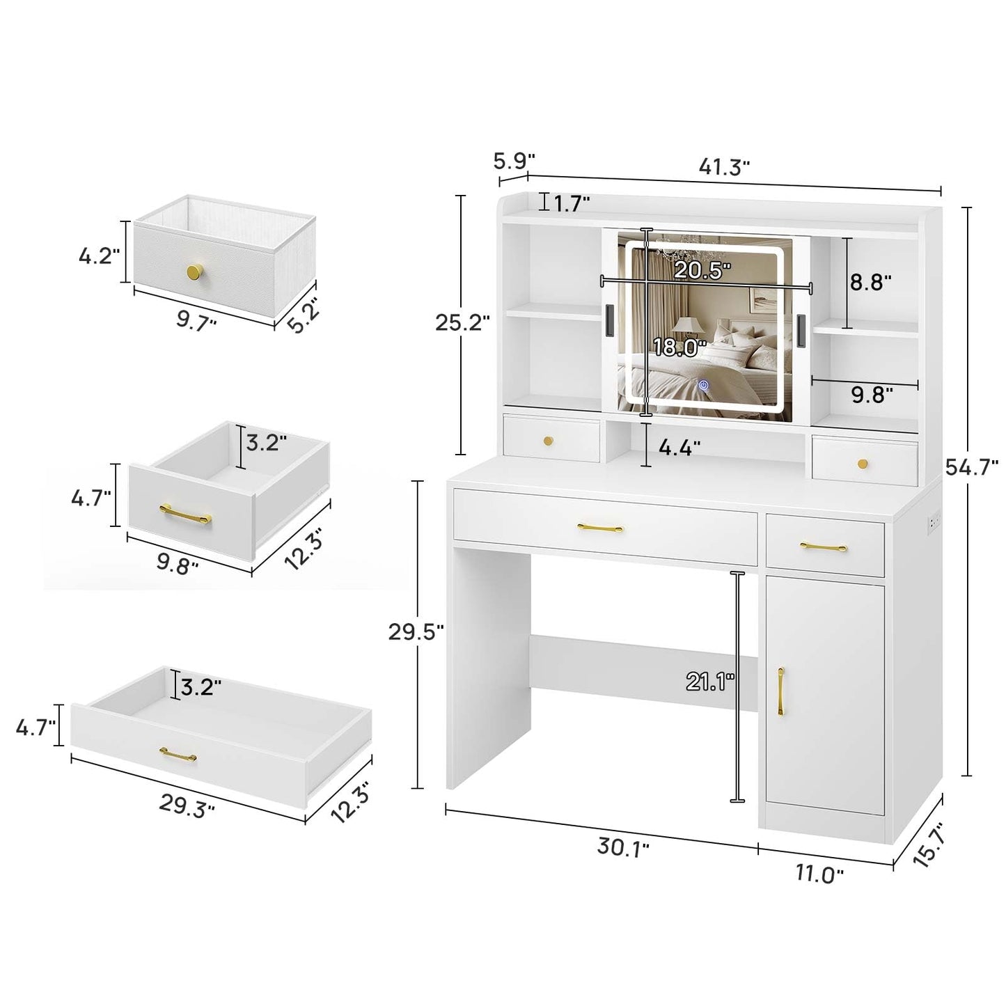 Seventable Vanity Desk with Sliding Mirror & Power Outlet, Makeup Vanity Desk with LED Lights, Adjustable 3 Color Modes, Drawers & Top Storage Shelf, White Vanity Table for Bedroom, Studio