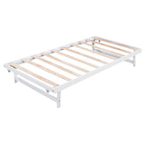 MERITLINE Full Size Bed Frame with Headboard,Wood Full Bed with Adjustable Trundle Bed, Extendable Bed Frame to 2 Beds for Kids Teens Adults (White) MERITLINE