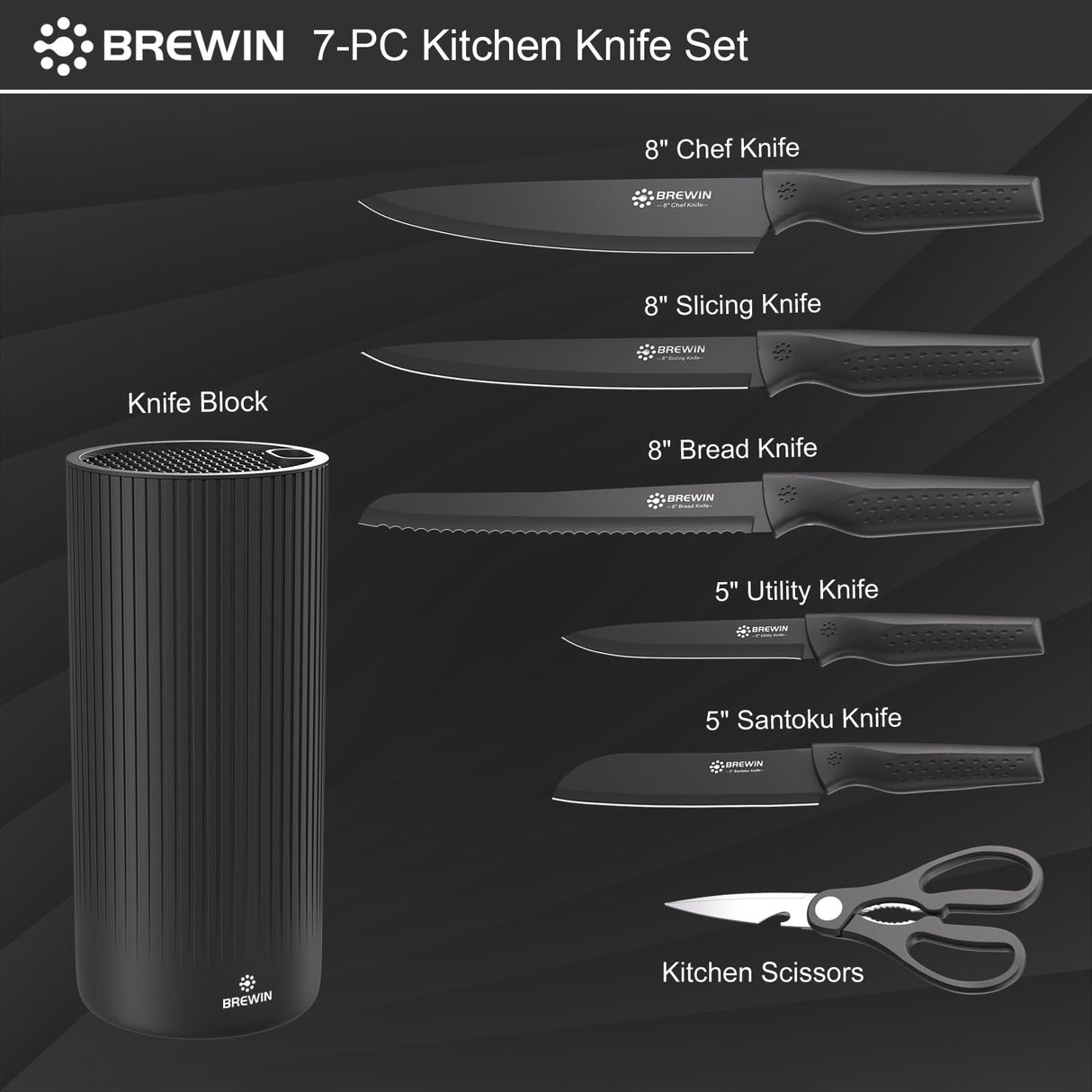Knife Set, Brewin Kitchen Knife Set, Knives Set for Kitchen, Universal Knife Block, Utility Knife Block Set, Kitchen Essentials, New Home Essentials, Apartment Essentials, Dishwasher Safe Brewin