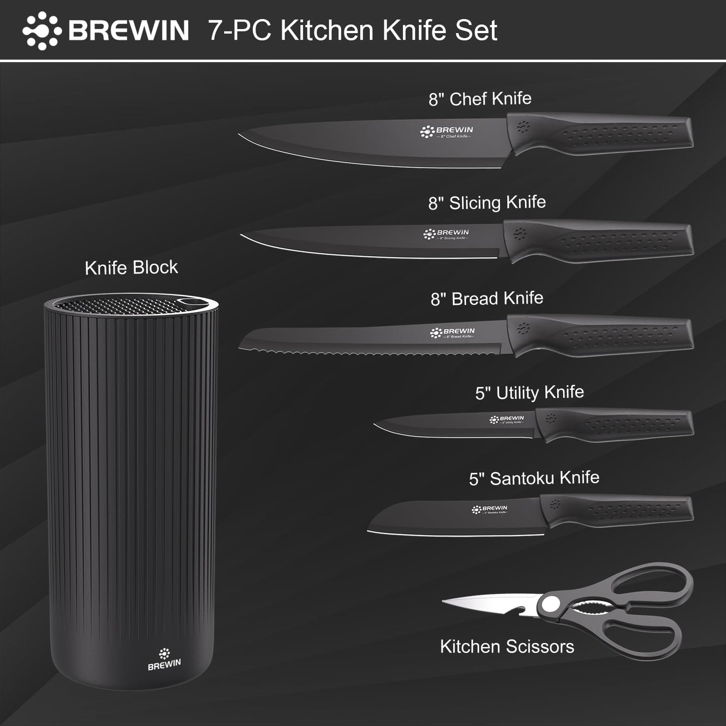 Knife Set, Brewin Kitchen Knife Set, Knives Set for Kitchen, Universal Knife Block, Utility Knife Block Set, Kitchen Essentials, New Home Essentials, Apartment Essentials, Dishwasher Safe