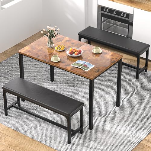 VECELO 3-Piece 63" Extendable Kitchen Table with Benches/Chairs, Modern Breakfast Dinette/Dining Room Set for 4/6/2, Small Space Saving Design, Easy Assembly VECELO