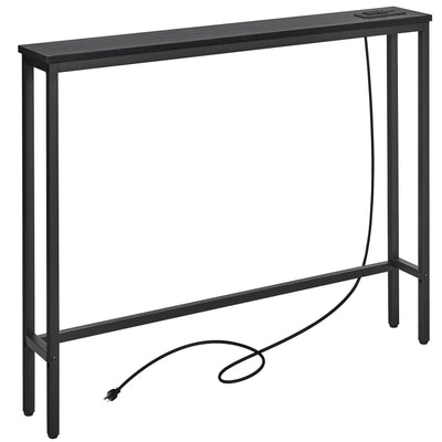 ELYKEN 5.9" Narrow Console Sofa Table with Power Outlets, 5.9" Dx39.4 Wx31.1 H Long Black Behind Couch Table with Metal Frame and Charge Station with 6.5’ Extension Cord