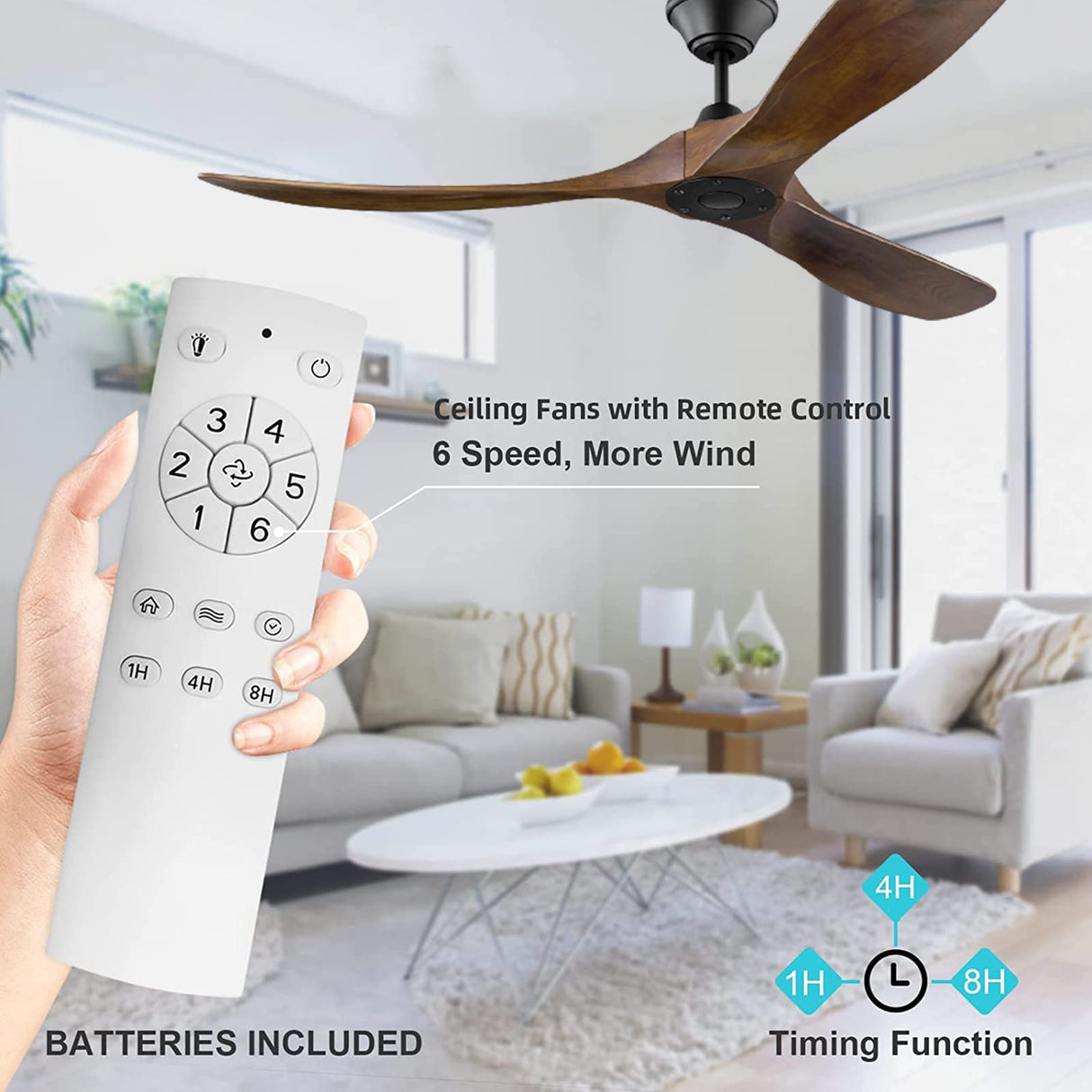 XCWIIE Modern Ceiling Fan No Light 60" Outdoor Ceiling Fans Retro Wood Ceiling Fans, 3 Balsa Wood Blades, DC Motor, for Restaurant Living Room Bedroom Inverter Silent Fan with Remote Timing Function XCWIIE