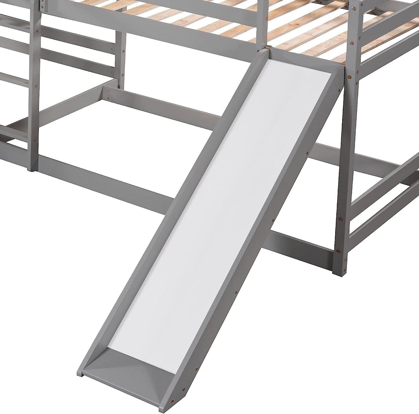 MERITLINE Quad Bunk Beds,Wood L-Shaped Bunk Beds with Slide and Ladder, 4 in1 Full and Twin Size Bunk Bed for Kids, Teens, Adults,Grey