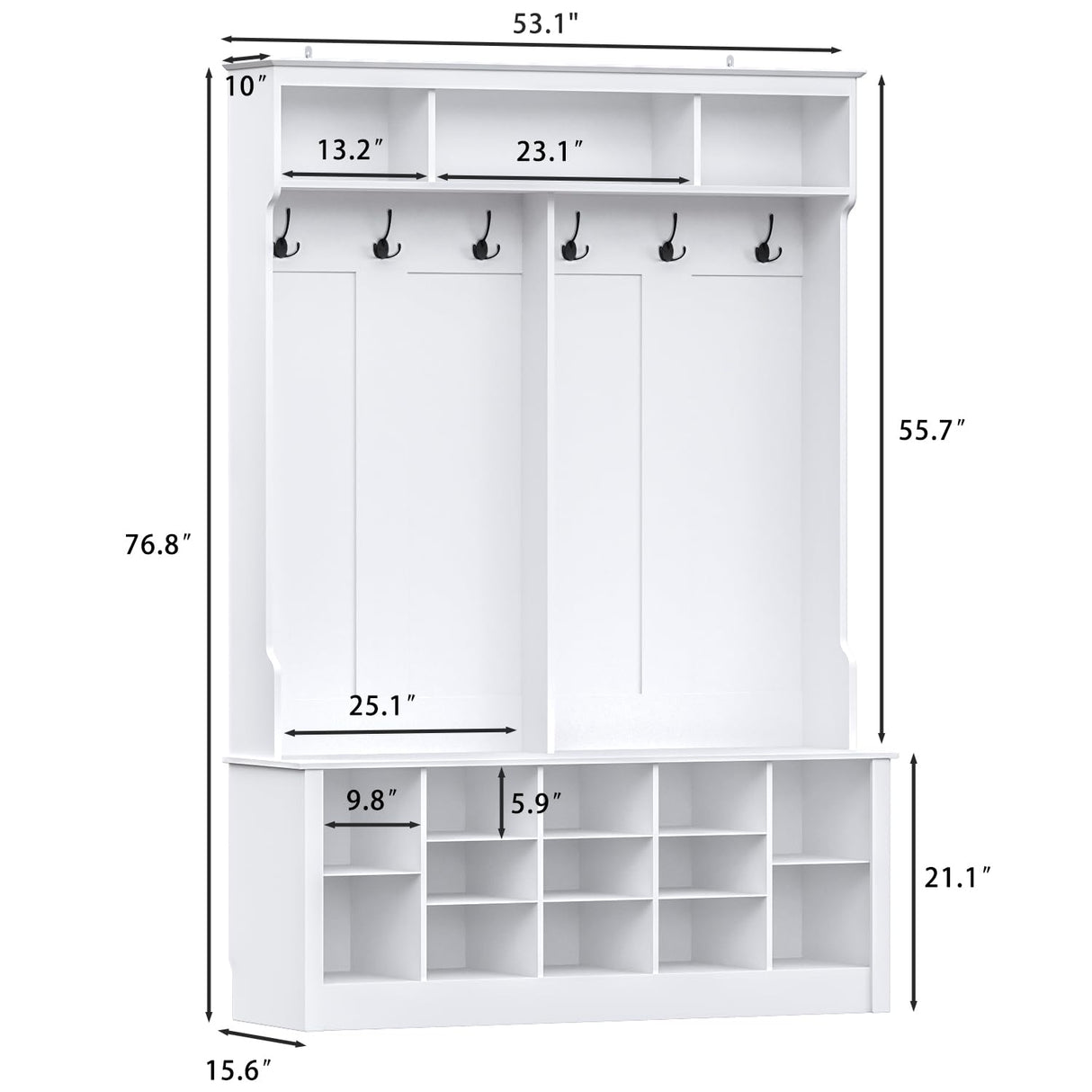 Wodeer Hall Tree with Bench and Shoe Storage, 4-in-1 White Hall Tree with Shelves, 6 Coat Hooks and Adjustable Shoe Storage Shelves for Entryway, Hallway, Bedroom Wodeer