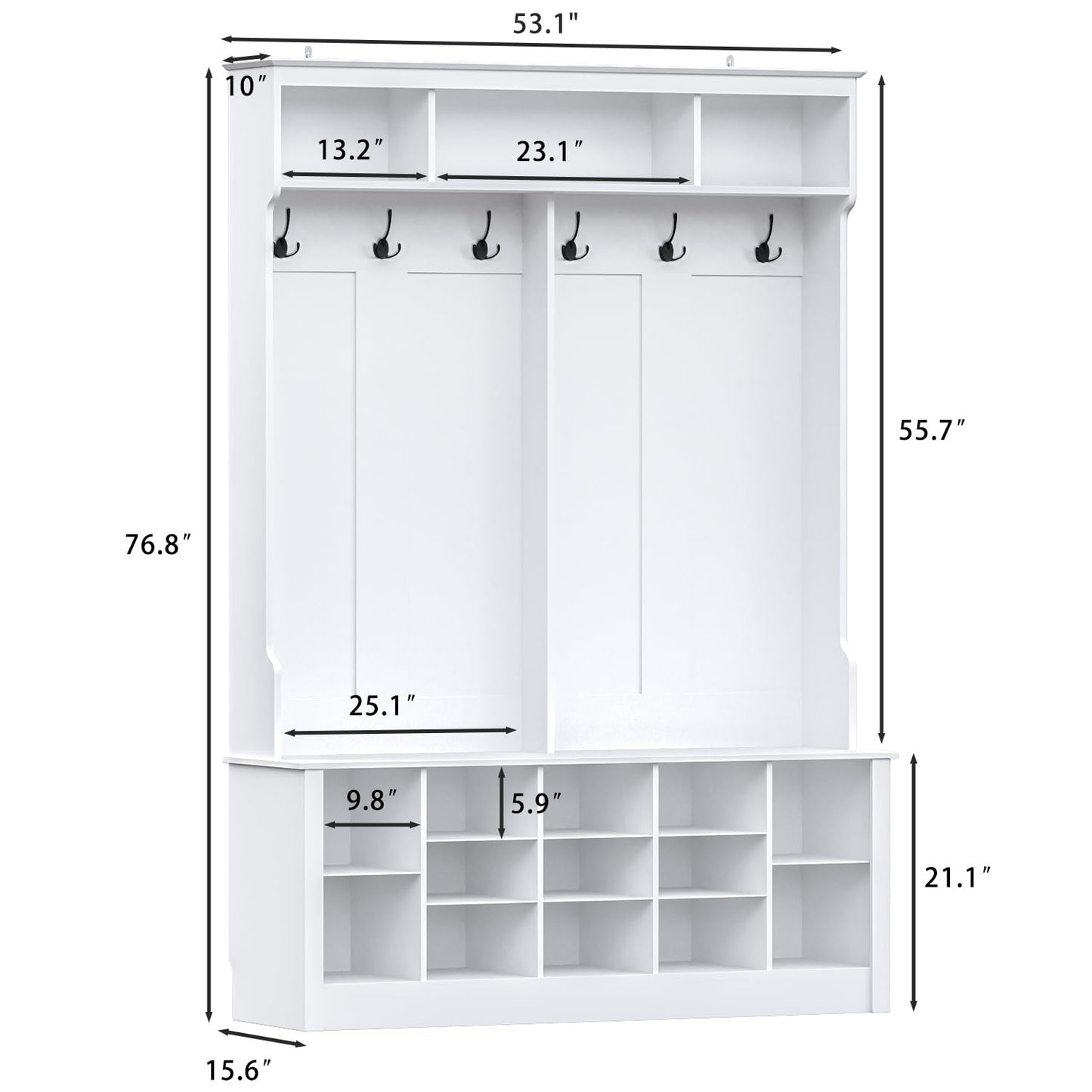 Wodeer Hall Tree with Bench and Shoe Storage, 4-in-1 White Hall Tree with Shelves, 6 Coat Hooks and Adjustable Shoe Storage Shelves for Entryway, Hallway, Bedroom