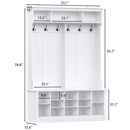 Wodeer Hall Tree with Bench and Shoe Storage, 4-in-1 White Hall Tree with Shelves, 6 Coat Hooks and Adjustable Shoe Storage Shelves for Entryway, Hallway, Bedroom