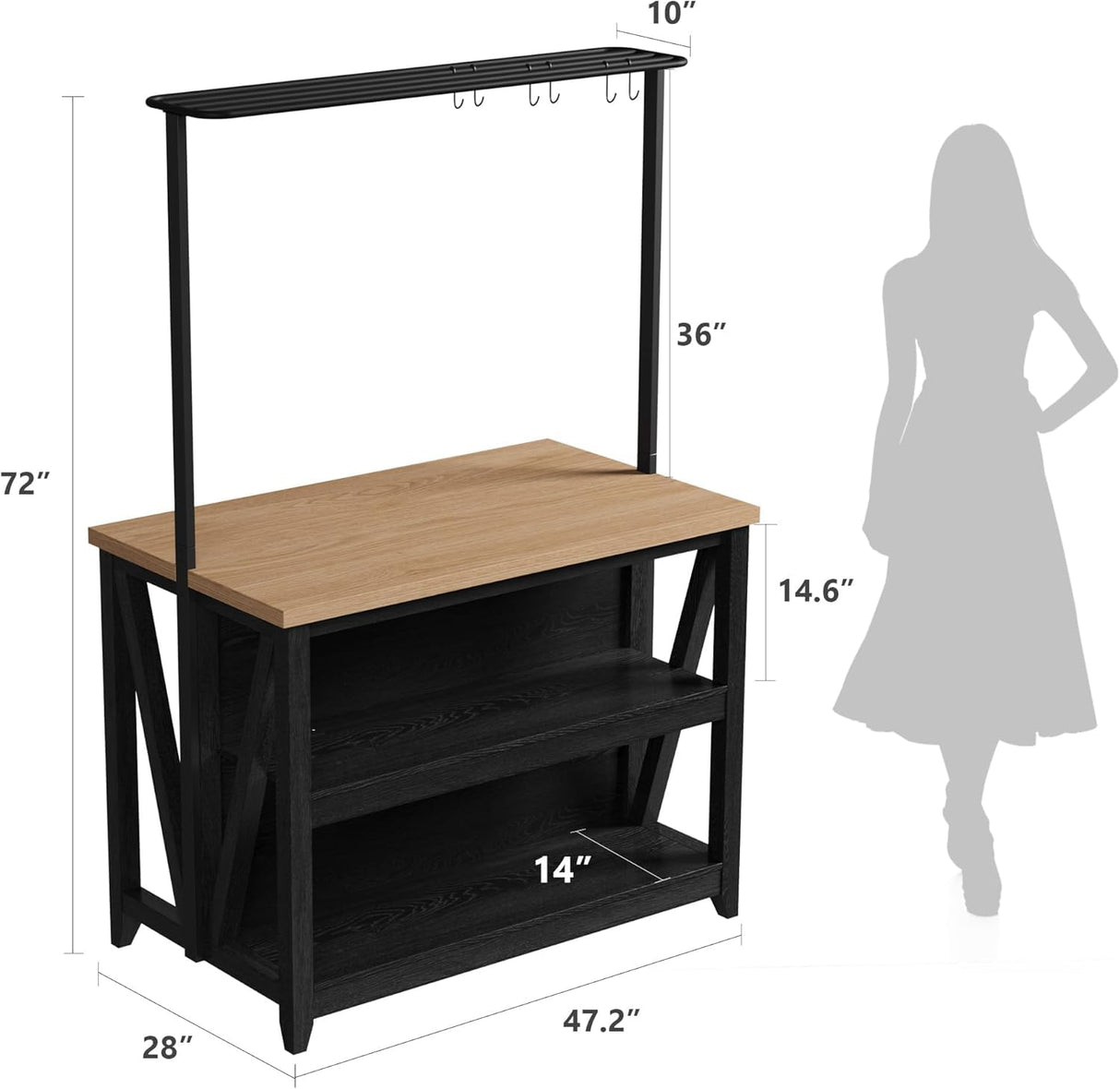 Wooden Kitchen Island with Power Outlet & LED Lights - Bakers Rack with Storage, Large Kitchen Island Table with 3 Tier Microwave Stand Oven Shelf, Coffee Bar Table with 6 Hooks LALFPET