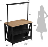 Wooden Kitchen Island with Power Outlet & LED Lights - Bakers Rack with Storage, Large Kitchen Island Table with 3 Tier Microwave Stand Oven Shelf, Coffee Bar Table with 6 Hooks LALFPET