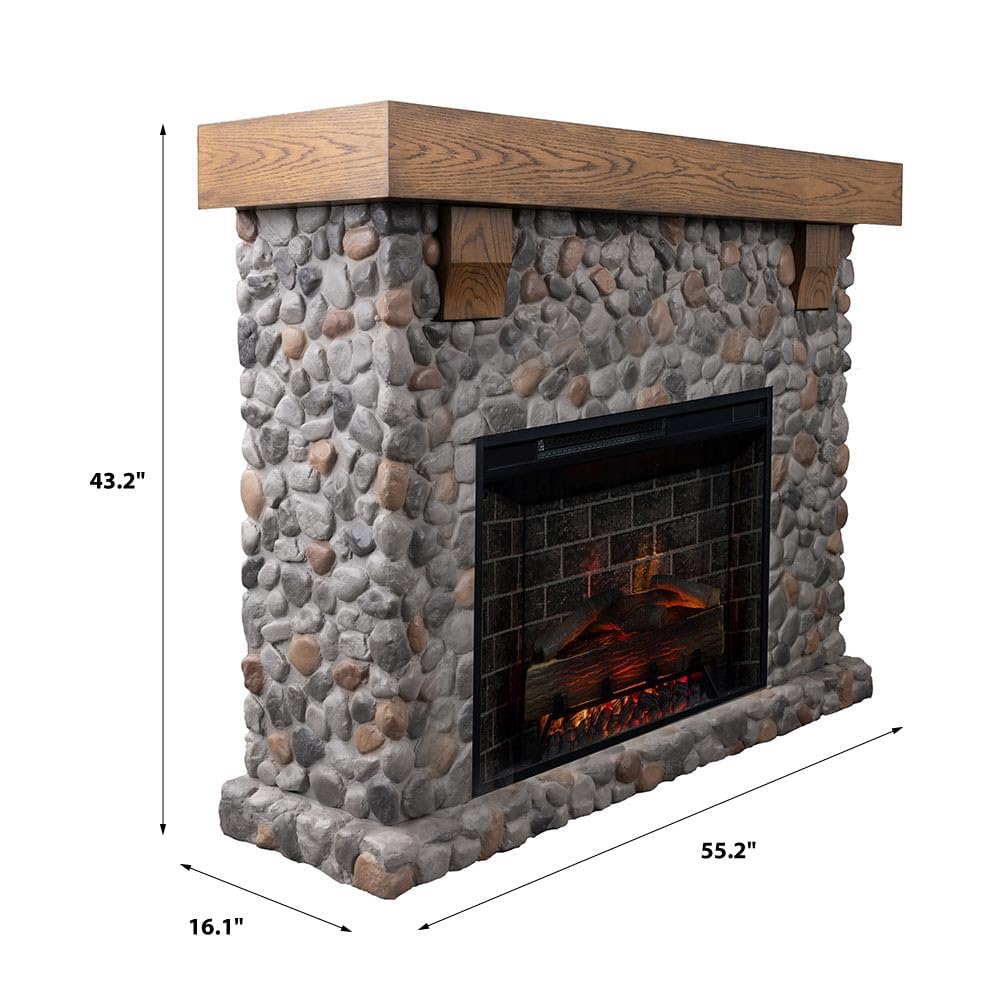 Country Living Glenbrook 55 Inch Oak Wood Mantel with Cast Stone River Rock Surround & 28" Smart Electric Fireplace | Works with Remote, Wi-Fi App, Alexa and Google | LED Multi-Flame Options