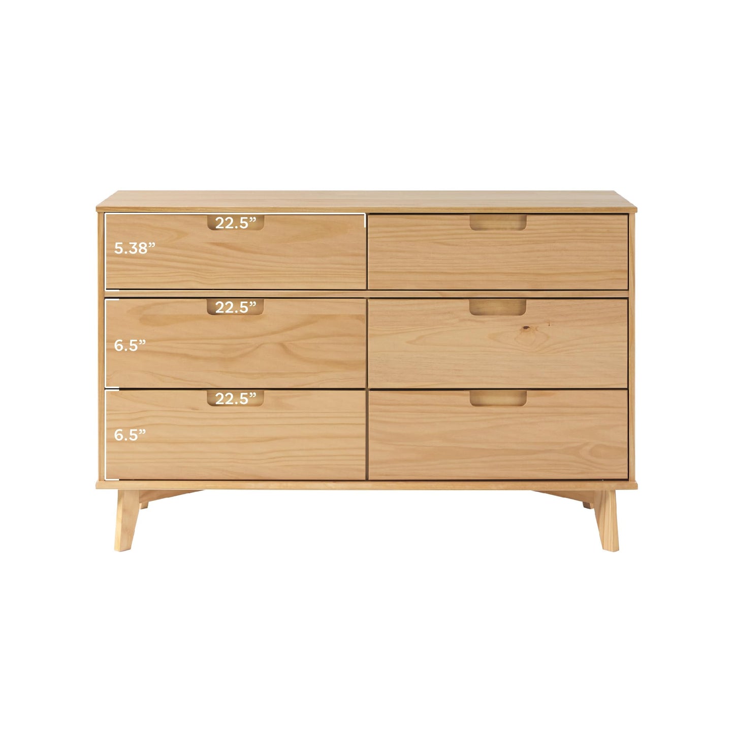 Walker Edison Mid-Century Modern Grooved Handle Wood 6-Drawer Dresser, 52 Inch, Natural Pine