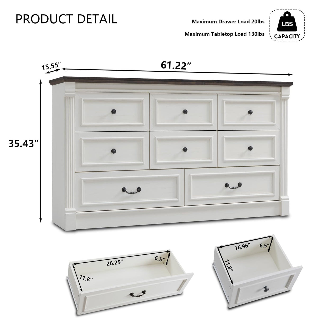 Aitjunz Farmhouse 8 Drawers Dresser for Bedroom, 61" Wide Wood Rustic Chest with Roman Column, Large Storage Dressers Organizer with Two Different Drawer Sizes for Bedroom, Living Room, Hallway, White Aitjunz