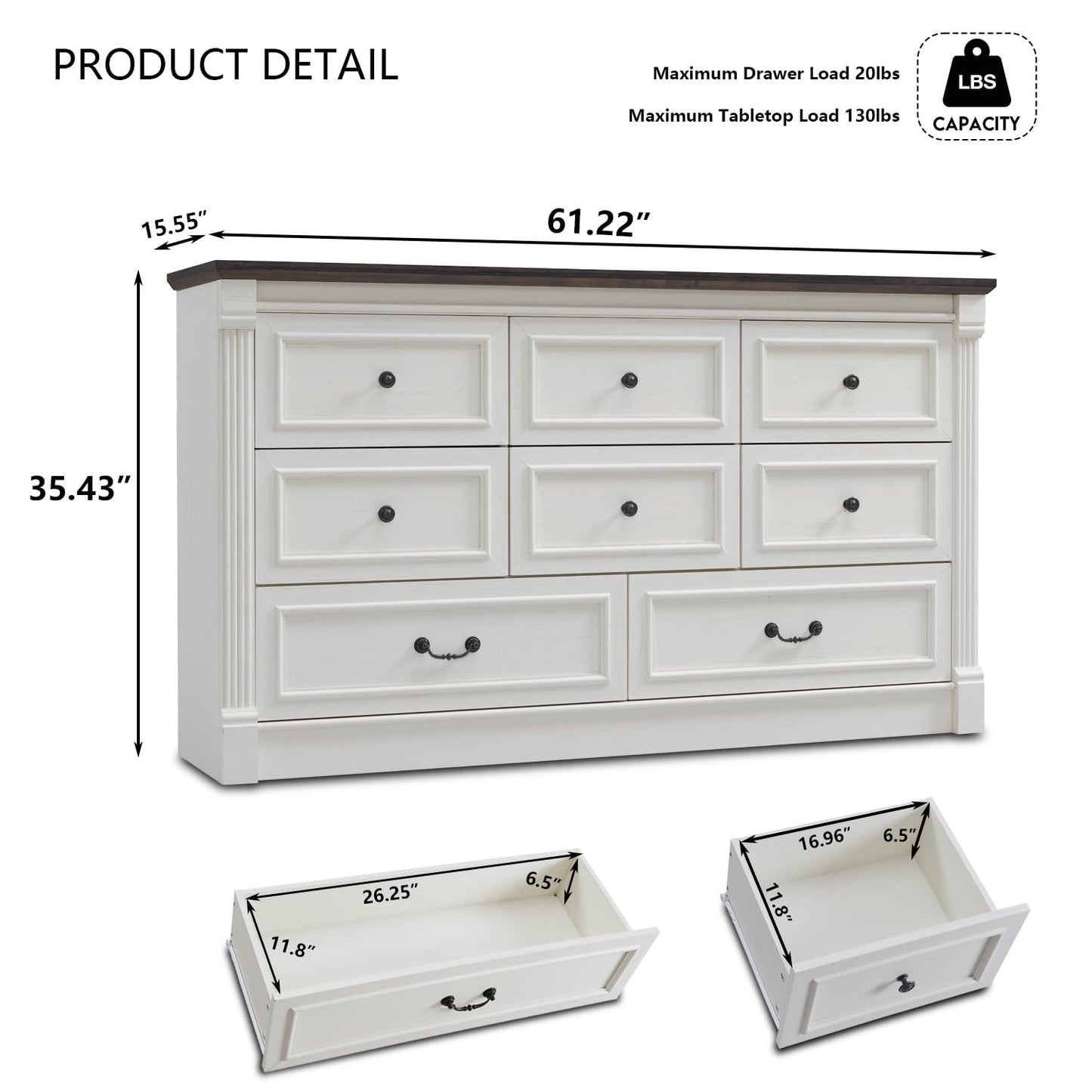 Aitjunz Farmhouse 8 Drawers Dresser for Bedroom, 61" Wide Wood Rustic Chest with Roman Column, Large Storage Dressers Organizer with Two Different Drawer Sizes for Bedroom, Living Room, Hallway, White