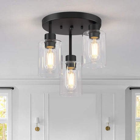 Feanron Farmhouse Flush Mount Ceiling Light, Black 3-Light Hallway Light Fixtures Ceiling with Clear Glass Shades, Light Fixtures Ceiling Mount for Kitchen Living Room Foyer, E26 Base Feanron