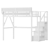 Full Loft Bed with Desk and RGB Light, Metal Loft Bed Frame with Stairs and Bedside Shelf, Heavy-Duty Lofts Beds with Storage Shelves and Wardrobe for Kids Teens, White Mirightone