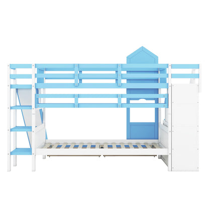 Harper & Bright Designs Twin Over Twin Bunk Bed with Stairs and Slide, Solid Wood Bunk Bed Frame with Storage Drawers and Bookshelf, for Kids Teens Girls Boys (Blue)