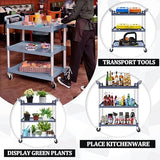 BRLJUNEO Plastic Utility Carts with Wheels, 3-Tier Medium Size Restaurant Food Cart, Heavy Duty 510lbs Capacity Rolling Service Cart w/Hammer for Commercial, Kitchen, Office (Lockable Wheels, M-Grey)