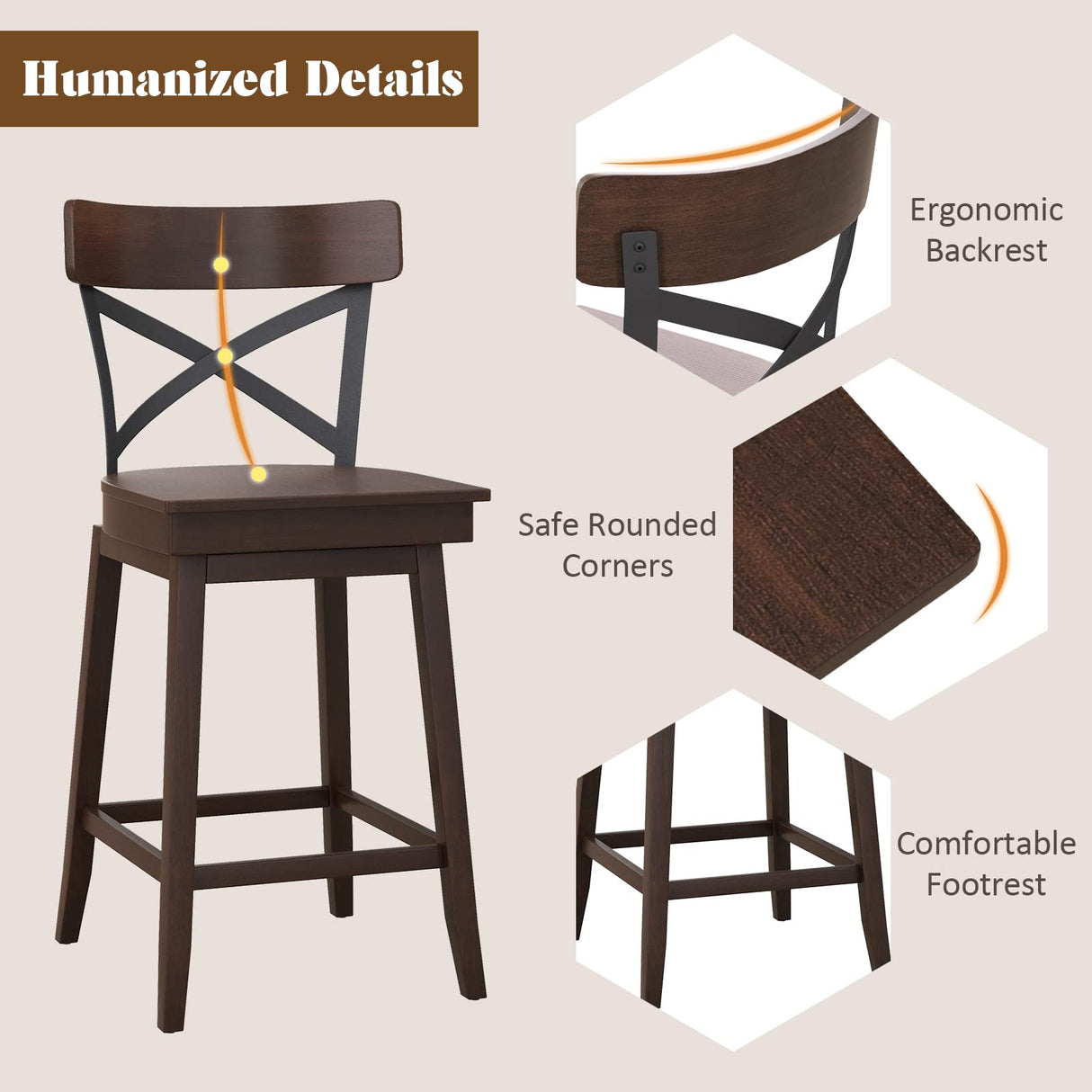 COSTWAY Swivel Bar Stool Set of 2, 24 Inch Ergonomic Counter Height Chairs with Open X Back & Footrest, 2PCS Vintage Wooden Barstools for Kitchen COSTWAY