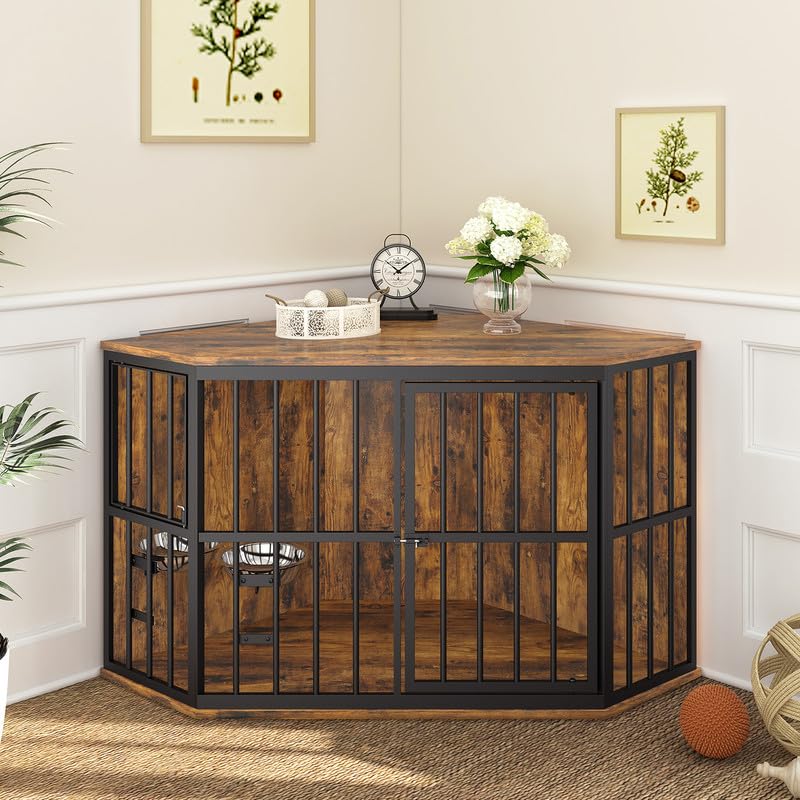 ROOMTEC 53 inch Furniture Dog Crate Corner, Dog Kennel Corner Wooden End Table with Bowl, Indoor Pet Crates Corner Side Table for Dogs, Wide Top Perfect for Limited Room ROOMTEC