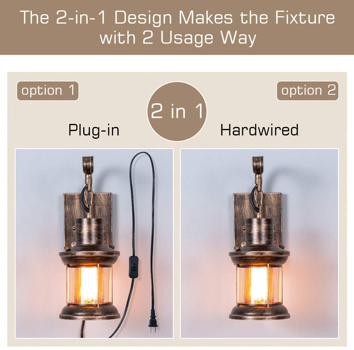 Rustic Wall Light, 2-in-1 Oil Rubbed Bronze Vintage Wall Light Fixtures Plug in Industrial Glass Shade Lantern Lighting Retro Lamp Metal Wall Sconce for Home Bedroom Dining Room Cafe(2 Pack) Yisuro