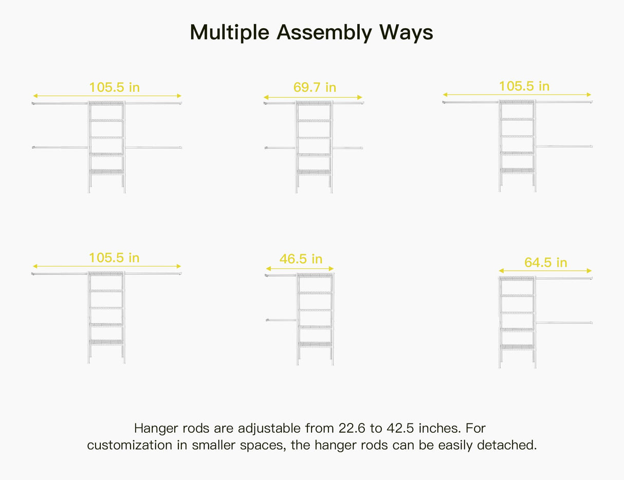 Ulif M2 Closet Organizer System, 5.9 Feet Height Mounted to the Wall Garment Rack with 4 Expandable Hanger Rods, 5 Shelves in 23.6" L x 14.5" W, Suit Total Space from 5.8-8.8 ft, White Ulif