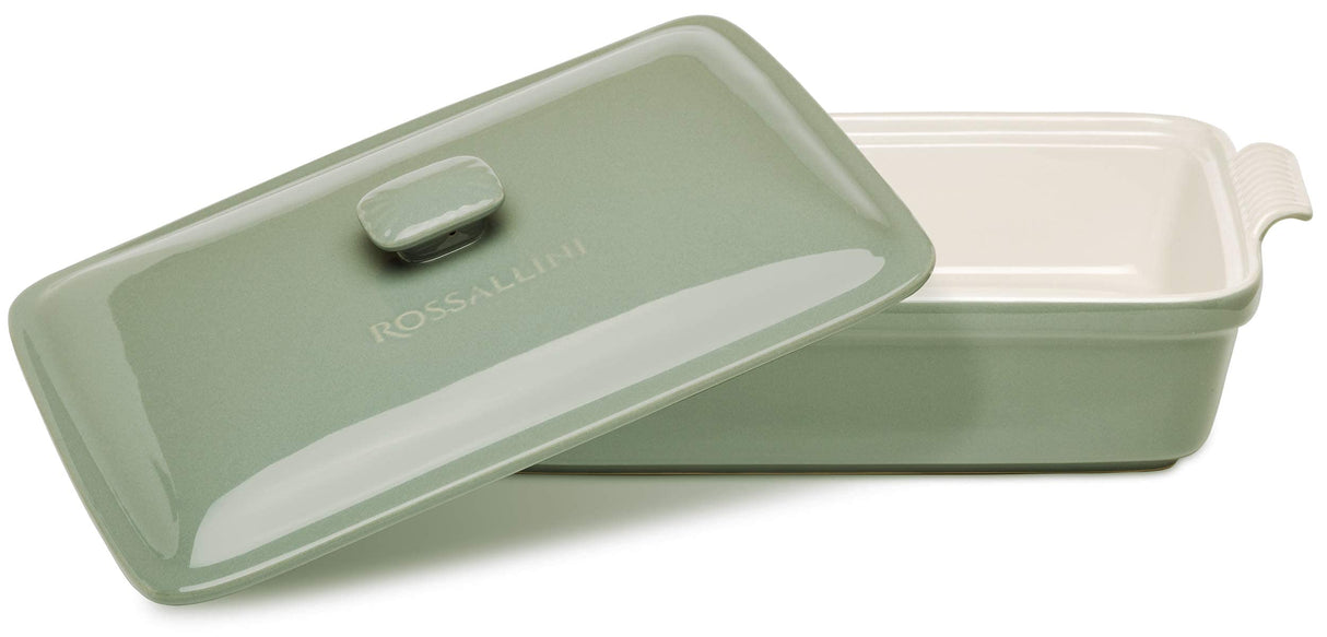 ROSSALLINI Stoneware Casserole Dish Bakeware Set with Lid, Covered Rectangular Dinnerware, Extra Large 4.23 Quart, 13 by 9 Inch, Verde Salvia [Sage Green] ROSSALLINI