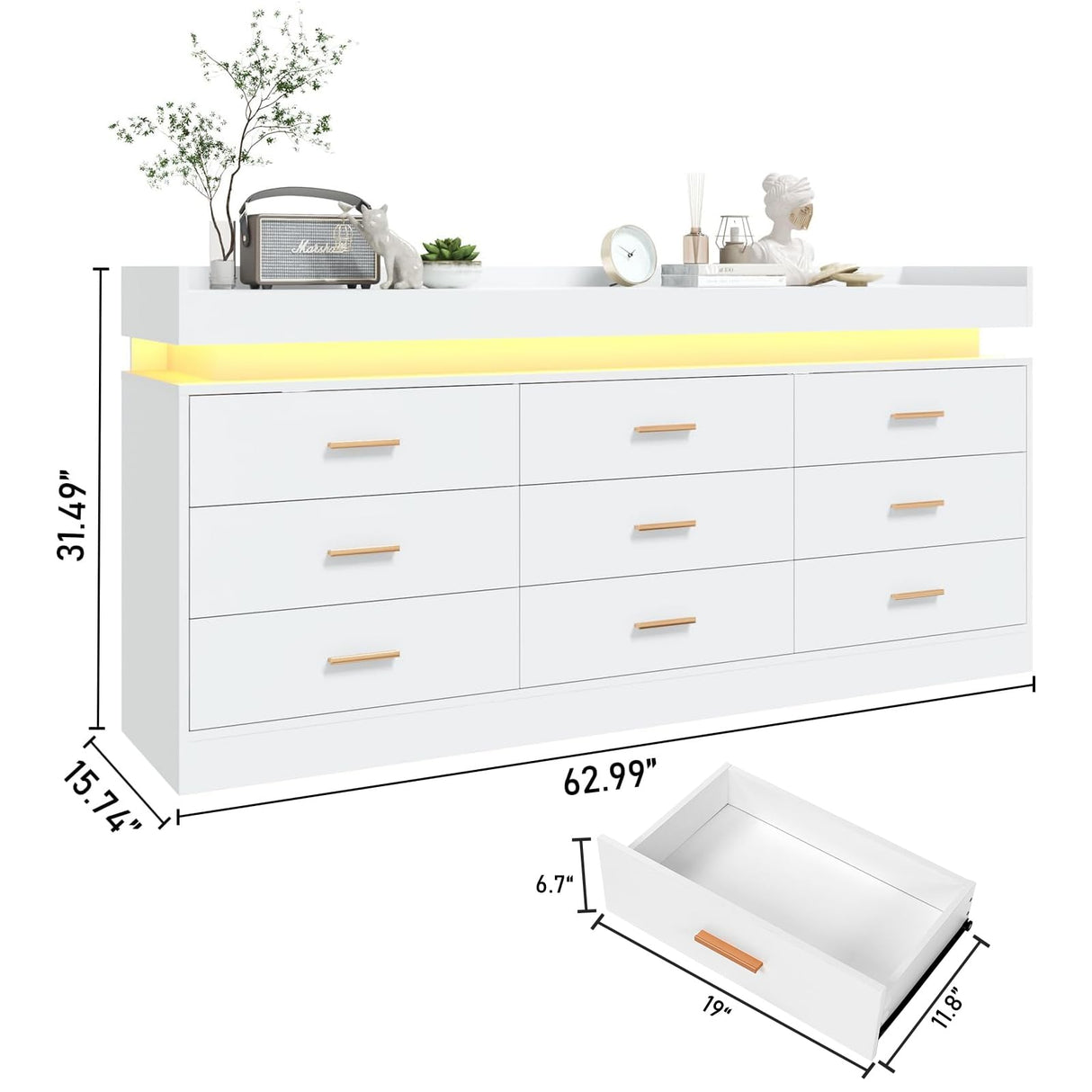 jiteentarou 9 Drawer Dresser with Charging Station and LED Lights, Modern Chest of Drawers with Power Outlet, Organizer Cabinet for Bedroom, Living Room, Entryway, White jiteentarou