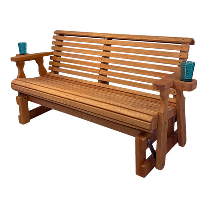 Amish Casual Heavy Duty 800 Lb Roll Back Pressure Treated Porch Glider with Cupholders (5 Foot, Cedar Stain) - WoodArtSupply