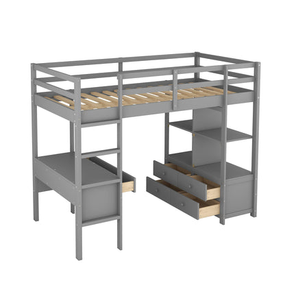 Harper & Bright Designs Twin Size Loft Bed with Desk and Storage, Wood High Loft Bed Frame with Shelves, Multifunctional Loft Bed Twin for Kids Teens Adults (Grey) - WoodArtSupply