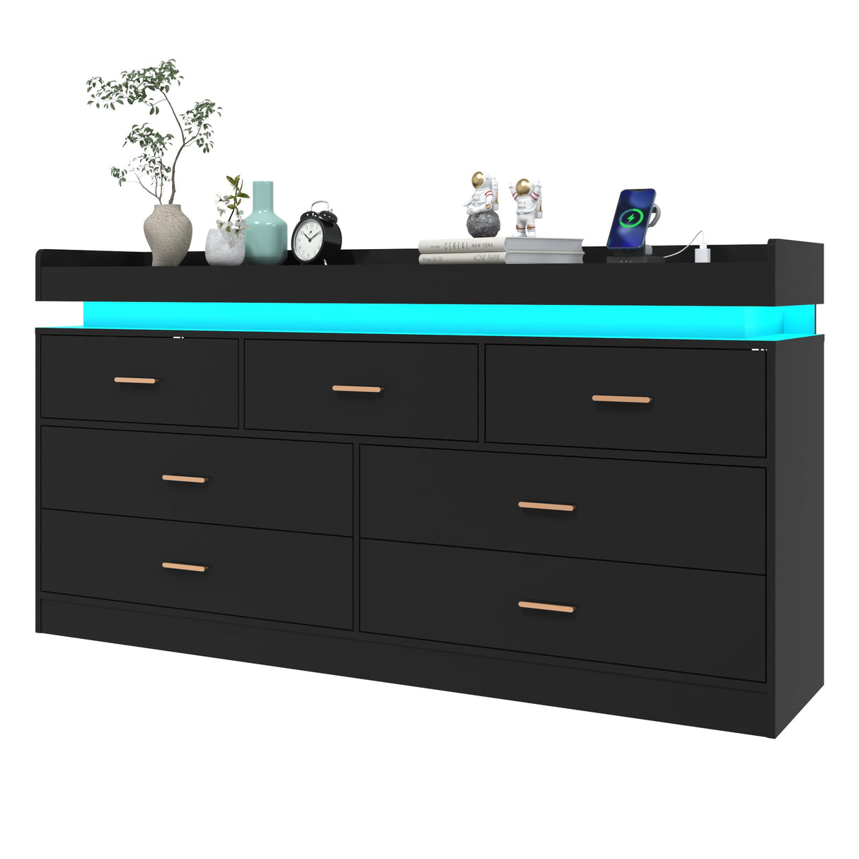 7 Drawer Dresser with LED Light and Charging Station, Modern Chest of Drawers for Closet, Wide Drawer Organizer Cabinet for Bedroom, Living Room, Entryway, Hallway, Black Hlivelood