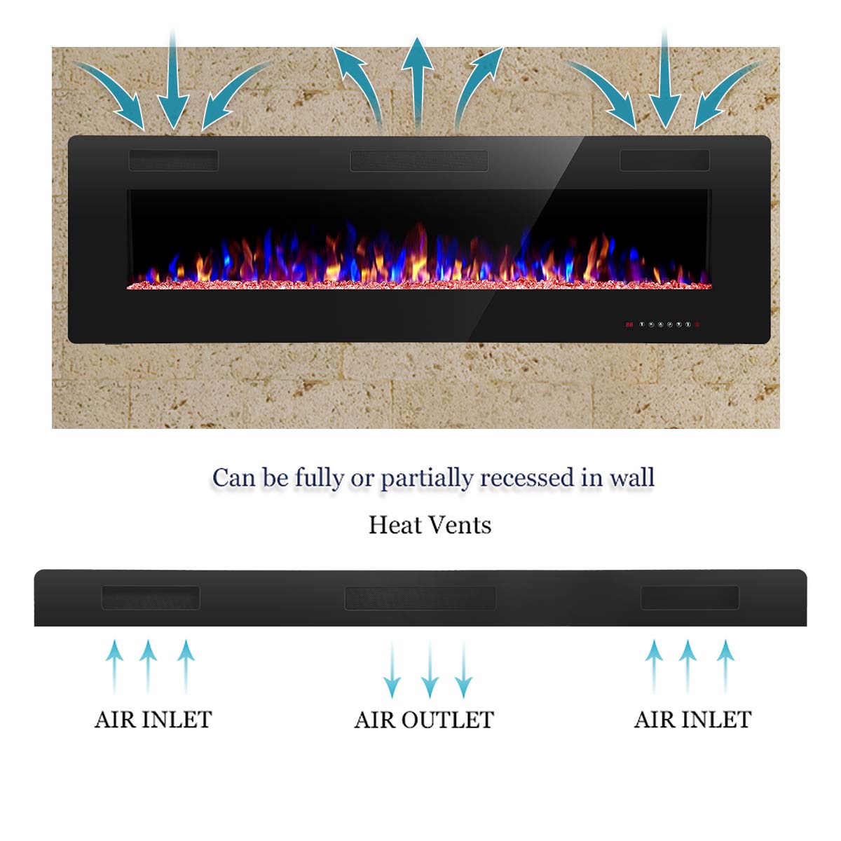 R.W.FLAME 60" Recessed and Wall Mounted Electric Fireplace, Low Noise, Remote Control with Timer, Touch Screen, Adjustable Flame Color and Speed, 750-1500W