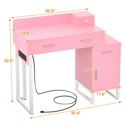 Vanity Desk with 4 Storage Drawers - Modern Makeup Vanity Table with Charging Station, Pink Vanity Desk with Reversible Cabinet Dressing Table Set with Divided Organizers for Women Girls, Pink & White