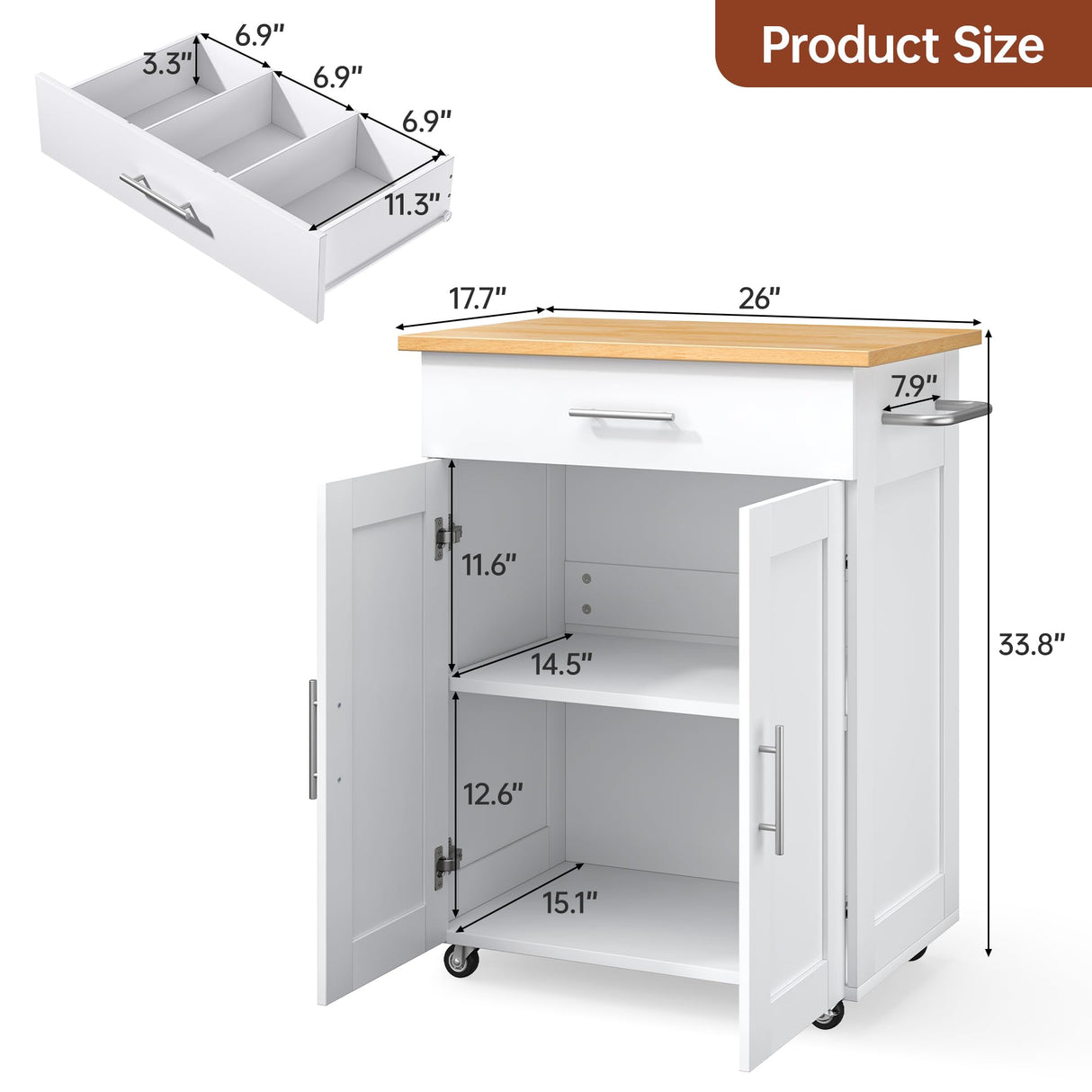 OtterOasis Kitchen Island Cart with Storage, Small Kitchen Island on Wheels with Large Drawer, Adjustable Shelf & Towel Rack, Rolling Island Table for Kitchen & Dining Room, White OtterOasis