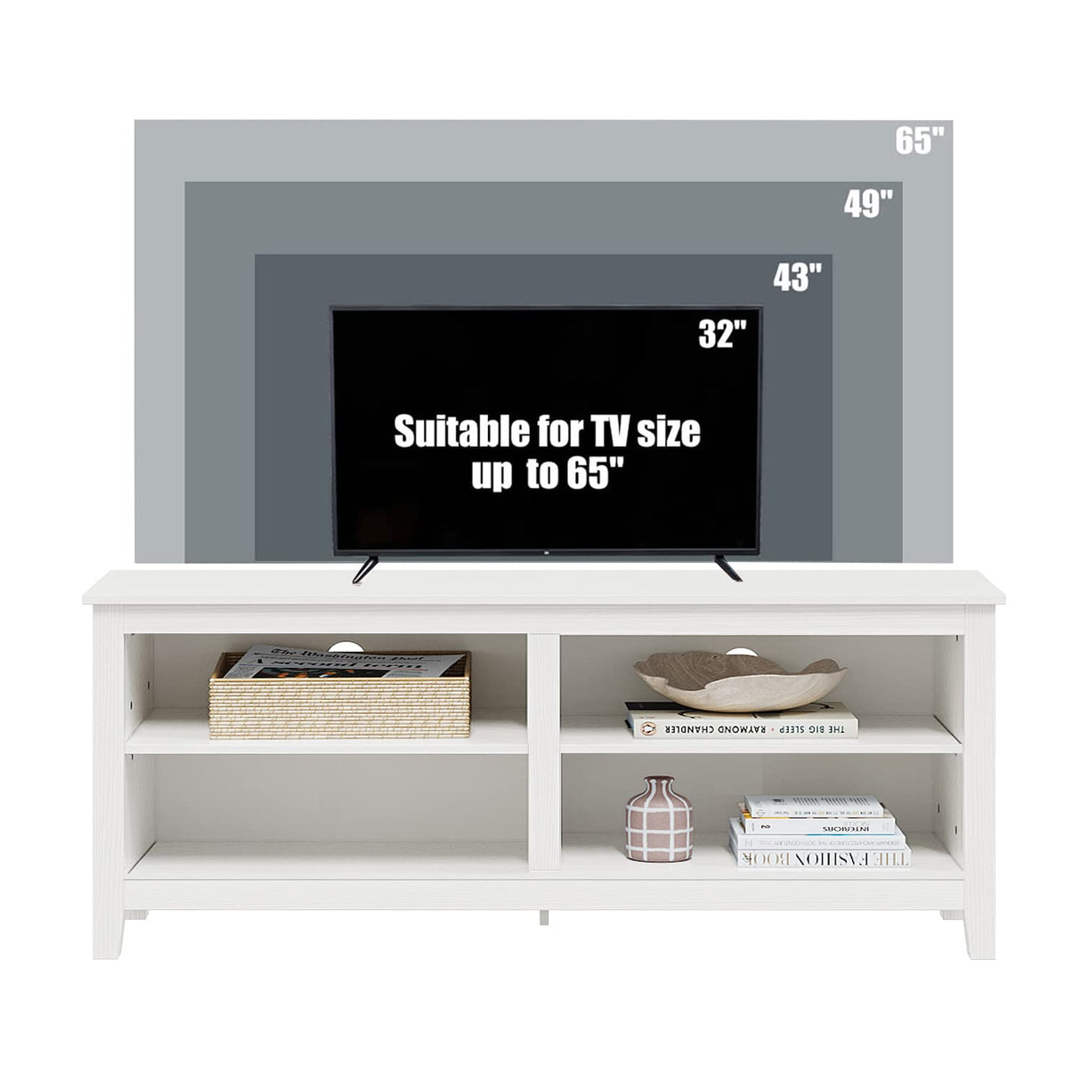 Gyger TV Stand for 65 inch TV with Storage,Modern TV Entertainment Center for Bedroom,TV Media Console Table with 4 Open Storage Shelve,55 inch Wood TV Cabinet White Gyger