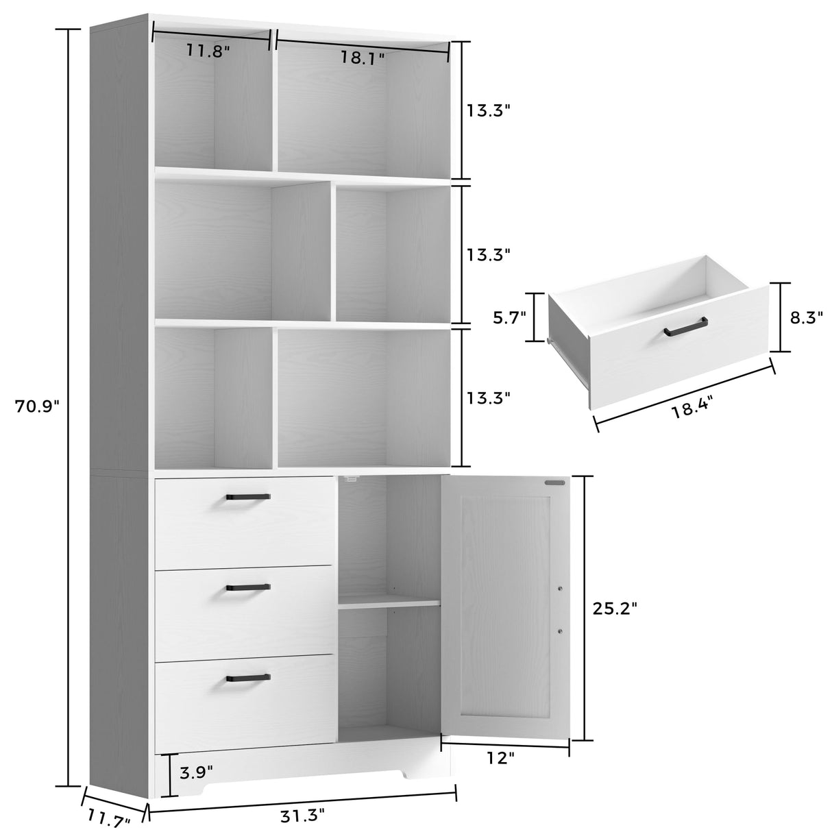 IRONCK Bookshelf with Drawers, 70.9 inch Tall Bookcase with Doors, Bookshelves and Bookcases with Storage, Bookshelf with 6 Open Cubes for Home Office, Living Room, Study, White IRONCK