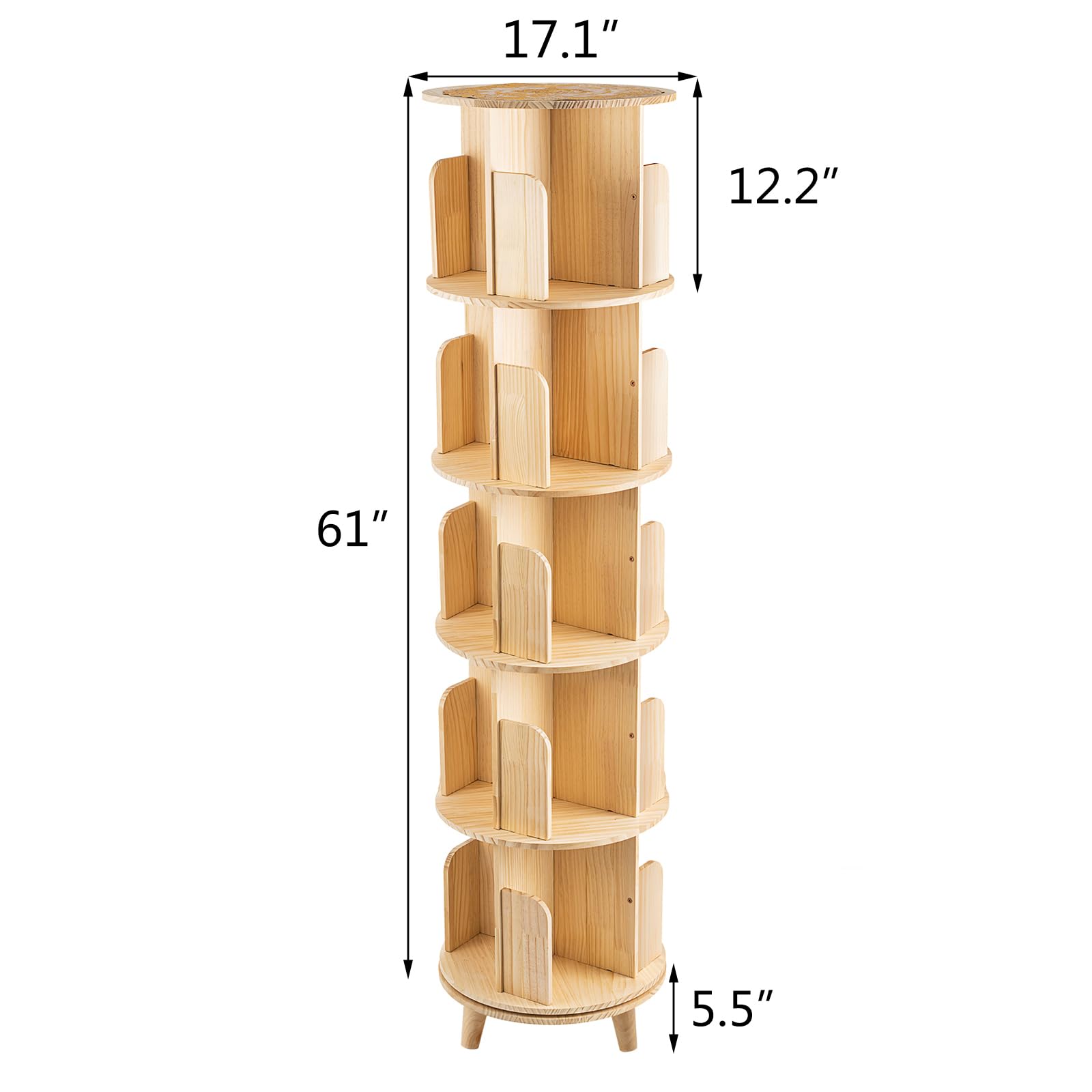 ZBPRESS 5-Tier Rotating Wood Bookshelf with Legs - 360° Space-Saving Storage Solution - WoodArtSupply