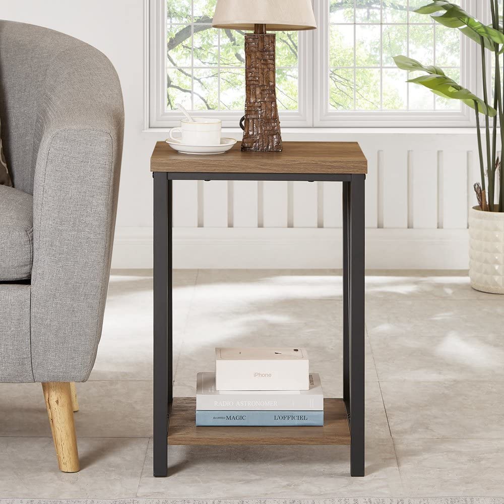 FOLUBAN Side Table with Storage Shelf, Rustic End Table for Living Room, Wood and Metal Nightstand for Bedroom, Oak FOLUBAN