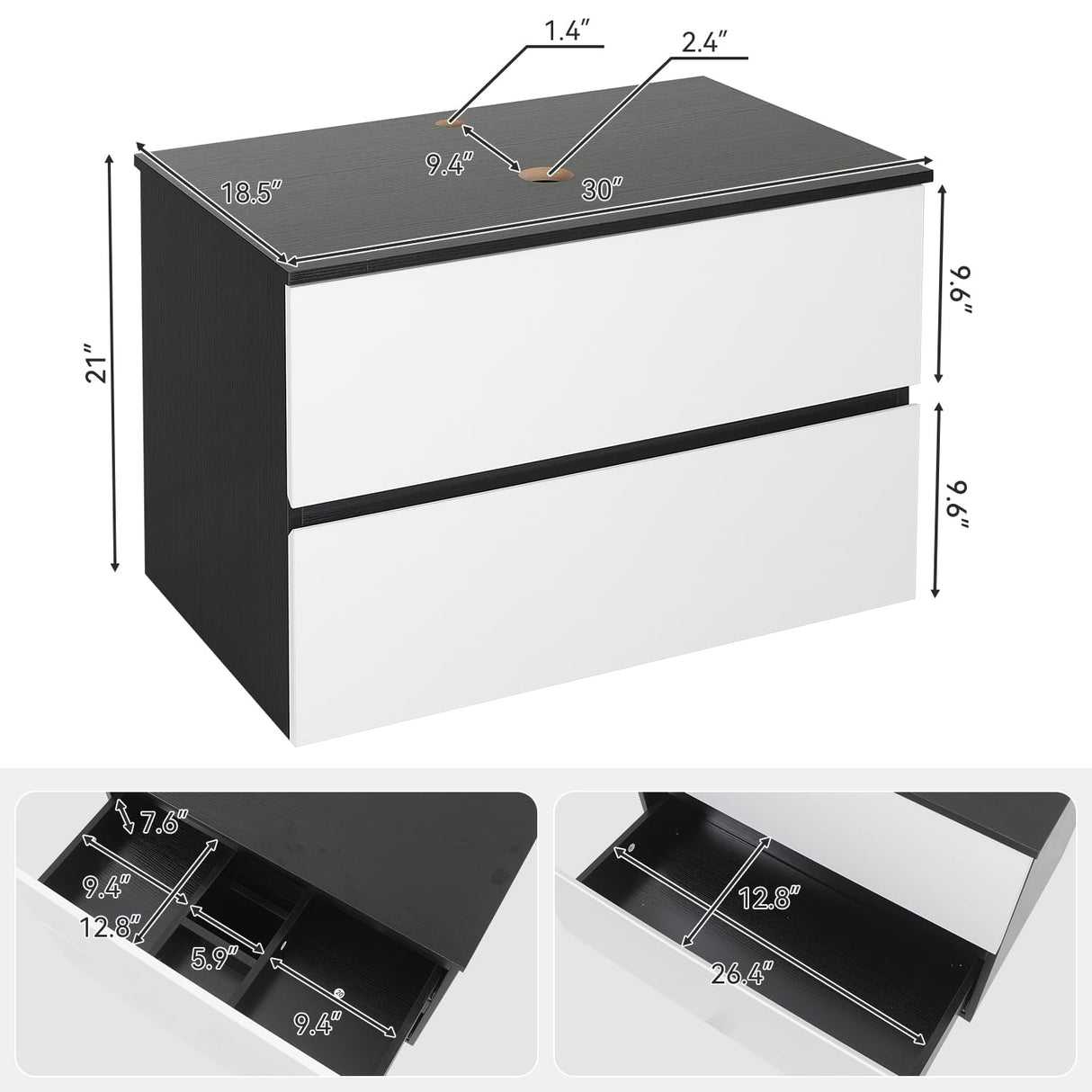 SOLIDEE 30-Inch Black and White Wall Mounted Bathroom Vanity Cabinet with 2 Drawers and Blue Boat Glass Sink SOLIDEE