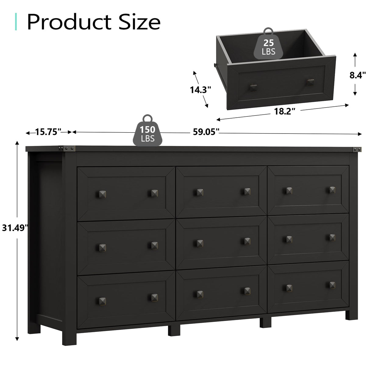 Dresser for Bedroom with 9 Drawers, Farmhouse Wood Chest of Drawers, Wide TV Stand Closet Storage Furniture with Metal Handle, Modern Clothes Organizer for Hallway, Living Room, Entryway, Black Xixini
