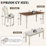 PLAUIN 6-Piece Farmhouse Dining Table Set - Solid Wood Table, 4 Chairs & Bench, Ergonomic, 71" Solid Wood Table, Table & Chair Sets for Dining Room, Kitchen, Living Room, Office PLAUIN