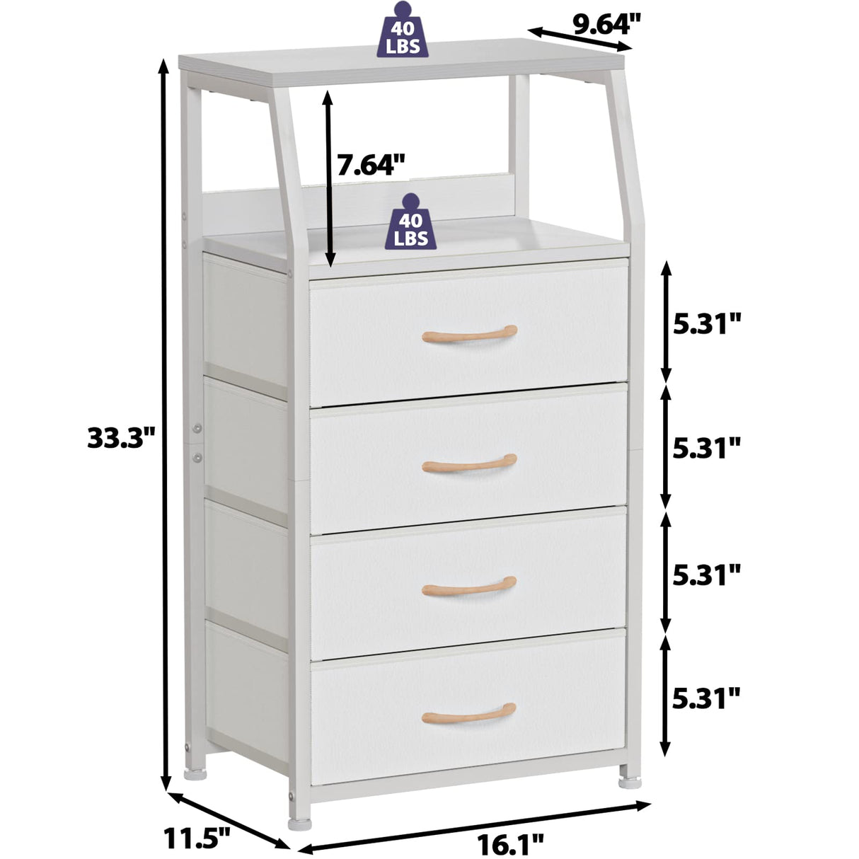Furnulem Tall 4 Drawers Dresser, Vertical Storage Tower for Bedroom, Hallway, Entryway, Nursery, Closet Organizer, Nightstand Bedside Table Furniture, Sturdy Steel Frame, Wood Top, White Furnulem