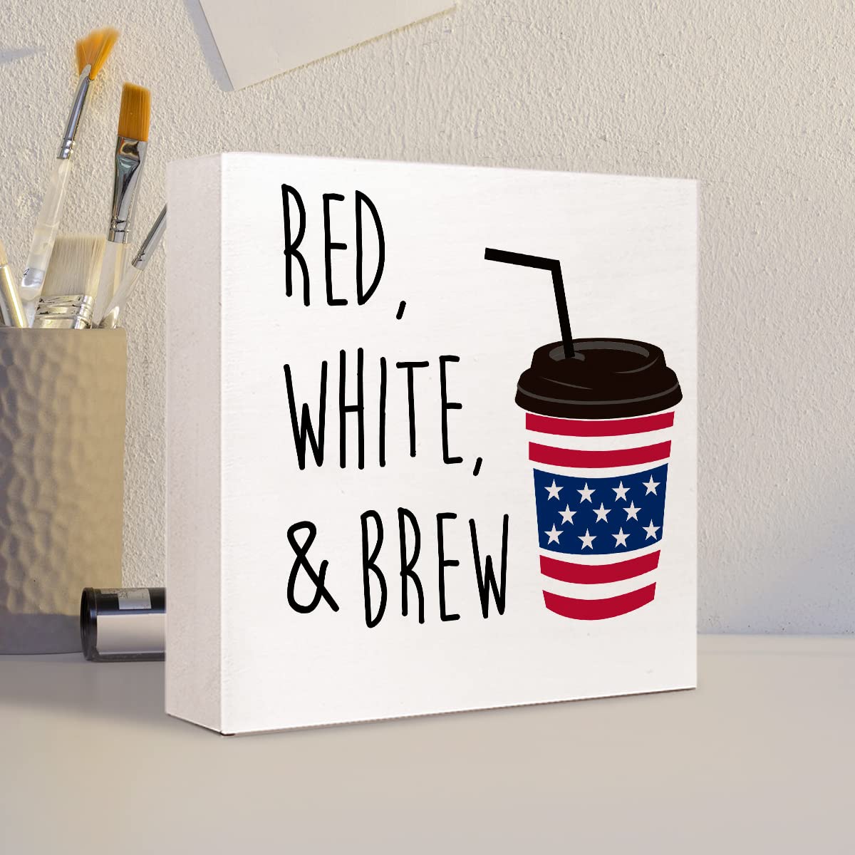 Funny Red White and Brew American Flag Coffee Patriotic Wooden Plaque Sign Desk Decor,Retro 4th of July Wood Block Sign Desk Decorations for Home Bedroom Living Room Office Shelf Table Decor Ruvoty