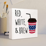 Funny Red White and Brew American Flag Coffee Patriotic Wooden Plaque Sign Desk Decor,Retro 4th of July Wood Block Sign Desk Decorations for Home Bedroom Living Room Office Shelf Table Decor Ruvoty